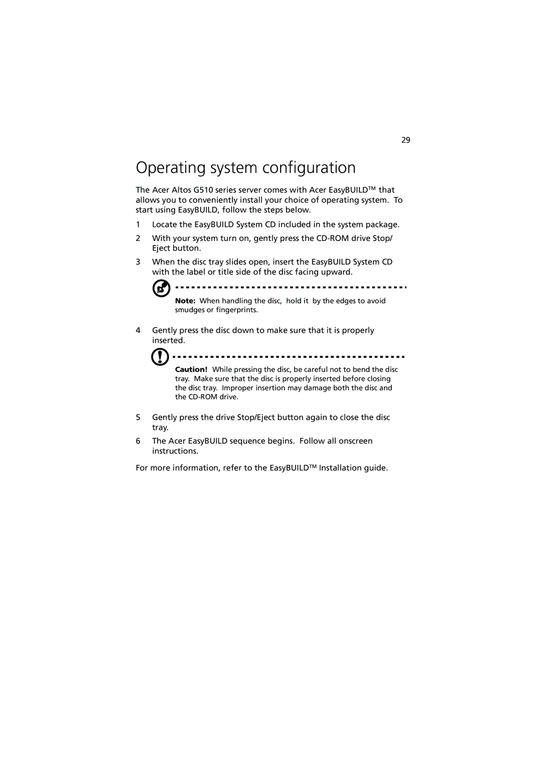 Acer G510 series manual Operating system configuration 