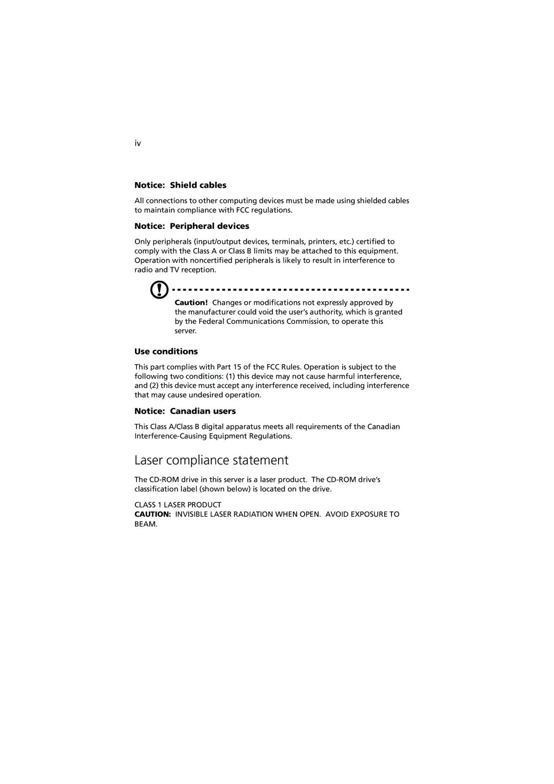 Acer G510 series manual Laser compliance statement, Use conditions 