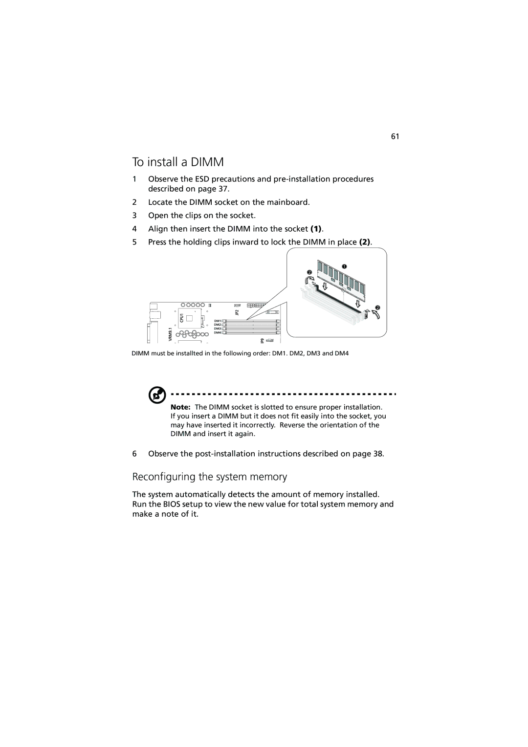 Acer G510 series manual To install a Dimm, Reconfiguring the system memory 