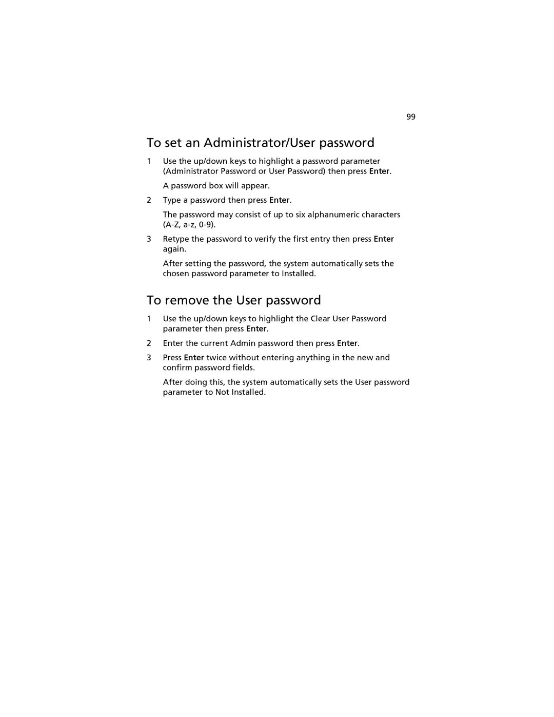 Acer G520 series manual To set an Administrator/User password, To remove the User password 