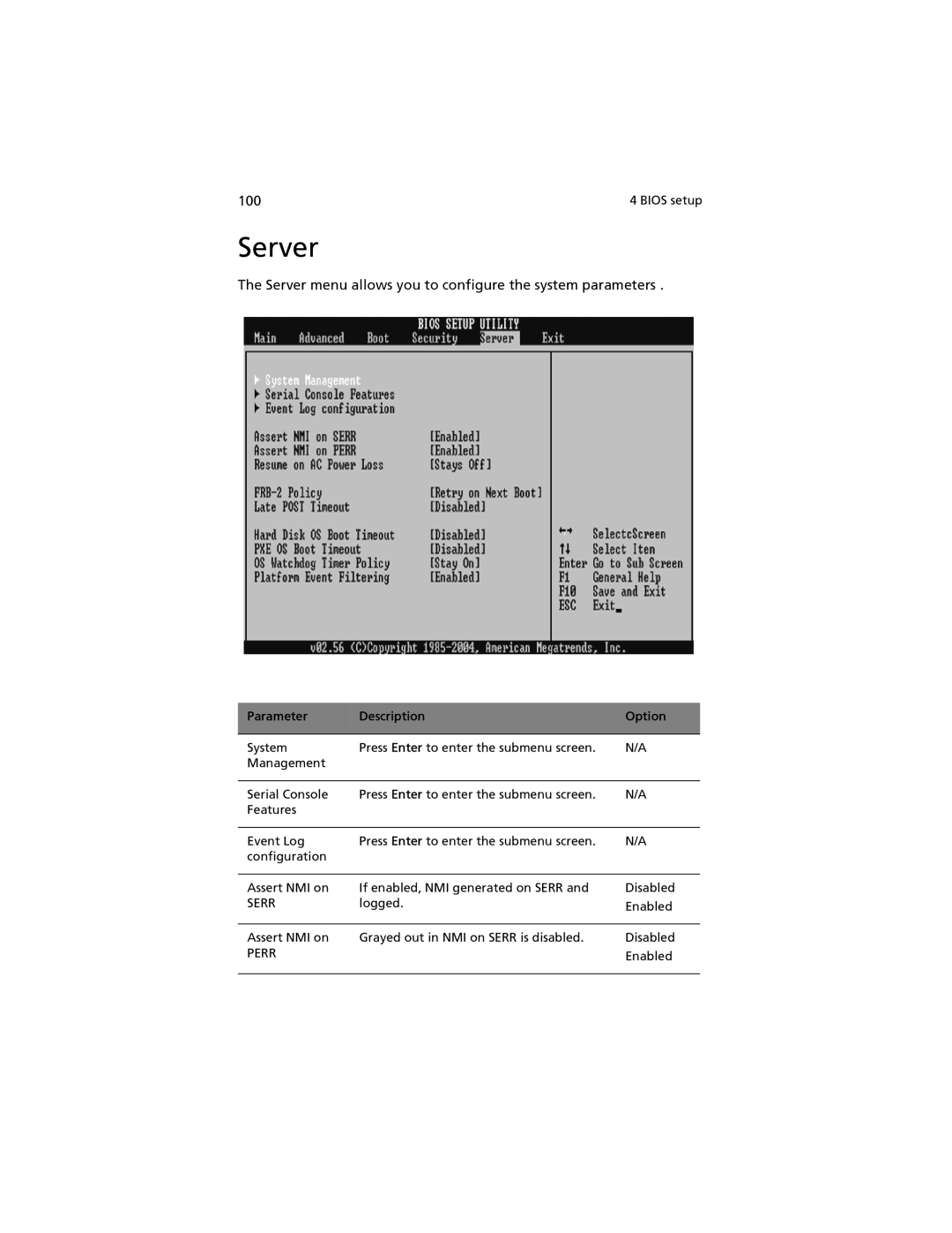 Acer G520 series manual Server menu allows you to configure the system parameters, Serr, Perr 