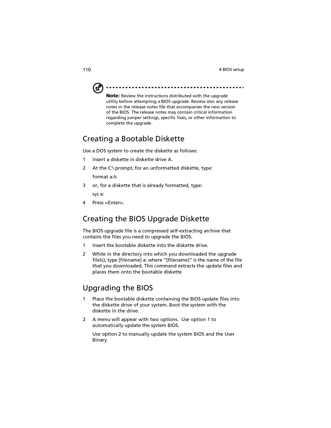 Acer G520 series manual Creating a Bootable Diskette, Creating the Bios Upgrade Diskette, Upgrading the Bios 