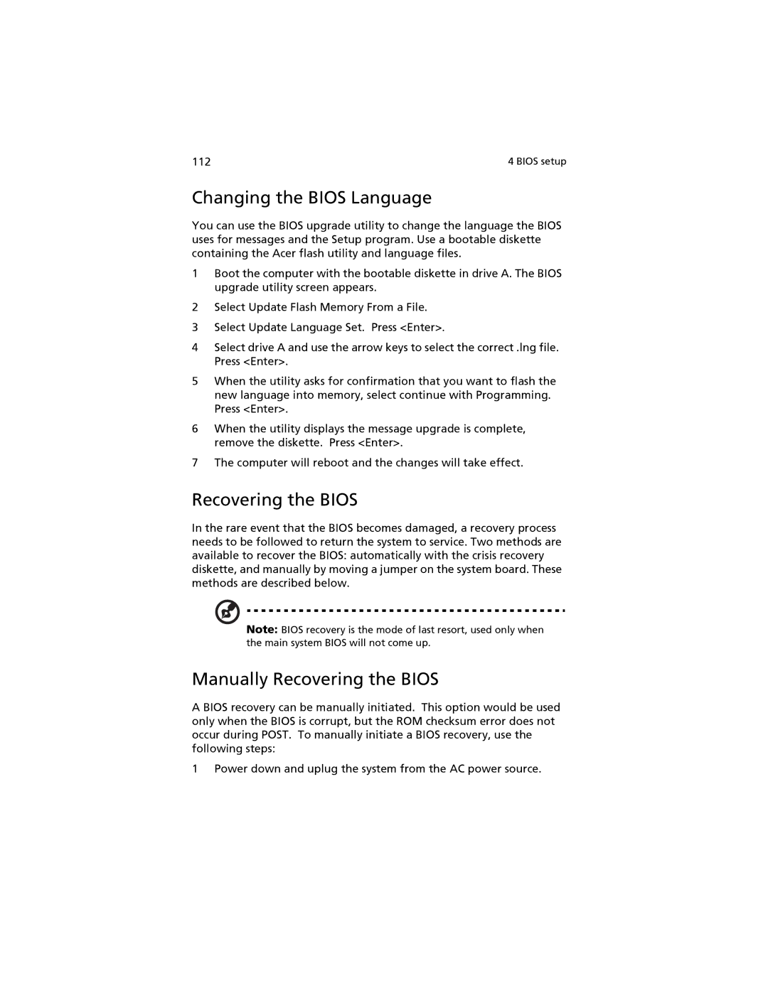 Acer G520 series manual Changing the Bios Language, Manually Recovering the Bios 