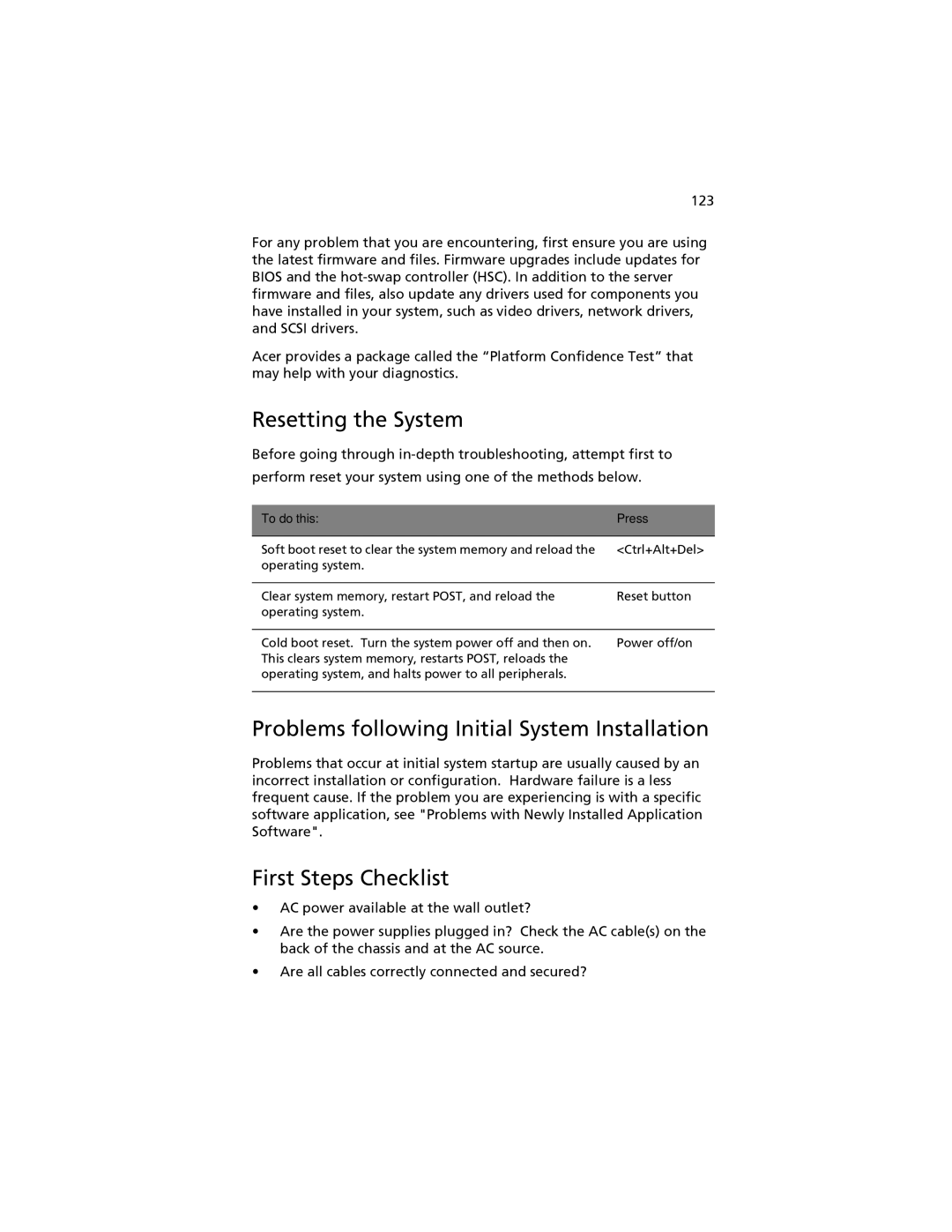 Acer G520 series manual Resetting the System, Problems following Initial System Installation, First Steps Checklist 