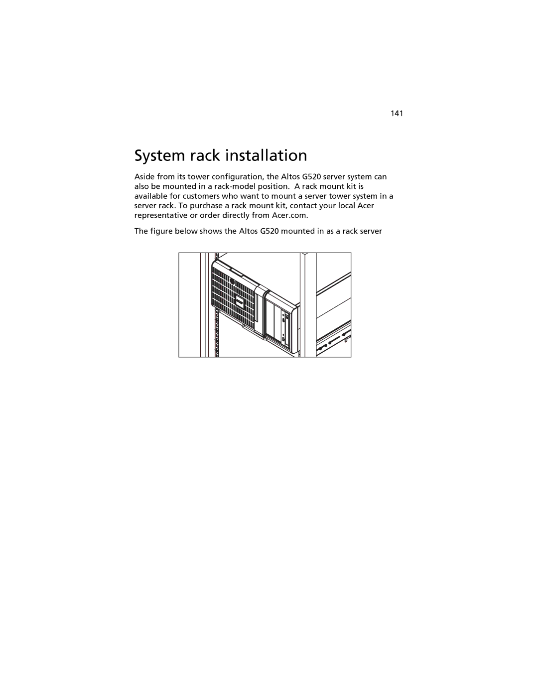 Acer G520 series manual System rack installation, 141 