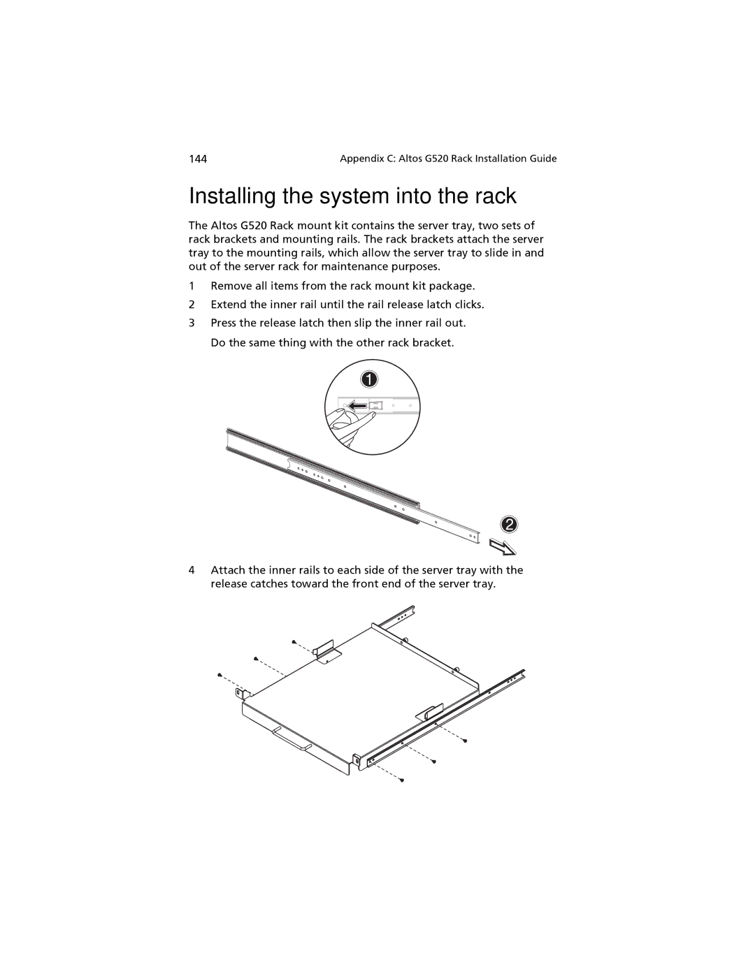 Acer G520 series manual Installing the system into the rack 