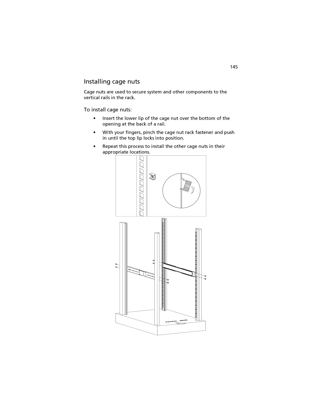 Acer G520 series manual Installing cage nuts, 145 