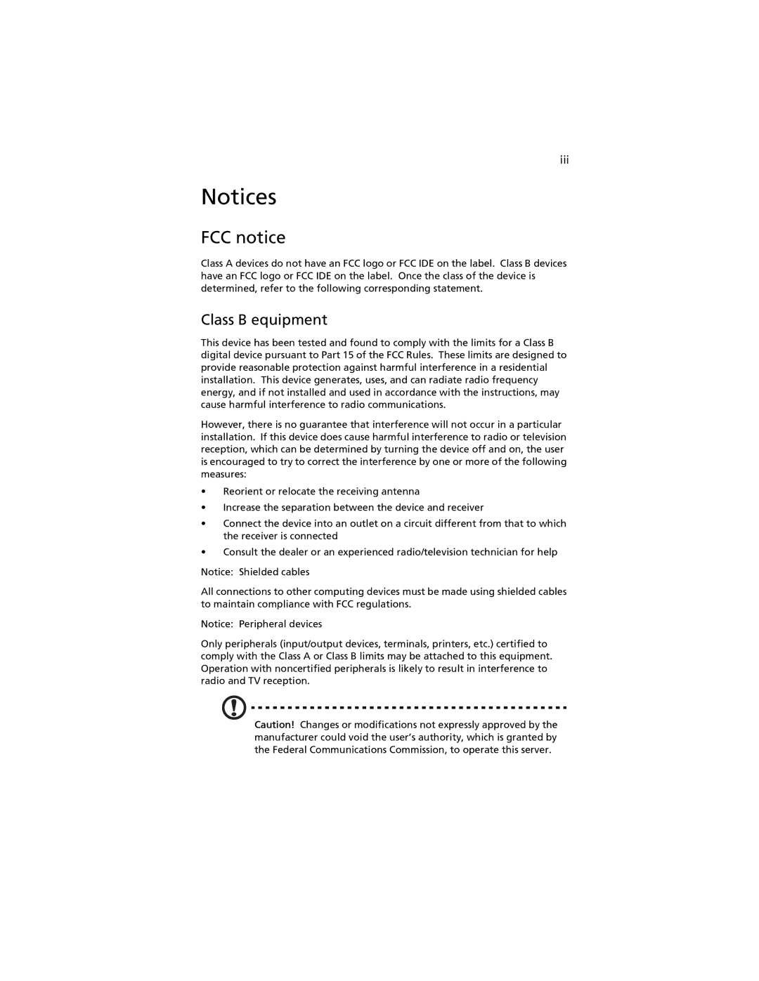 Acer G520 series manual FCC notice, Class B equipment, Iii 