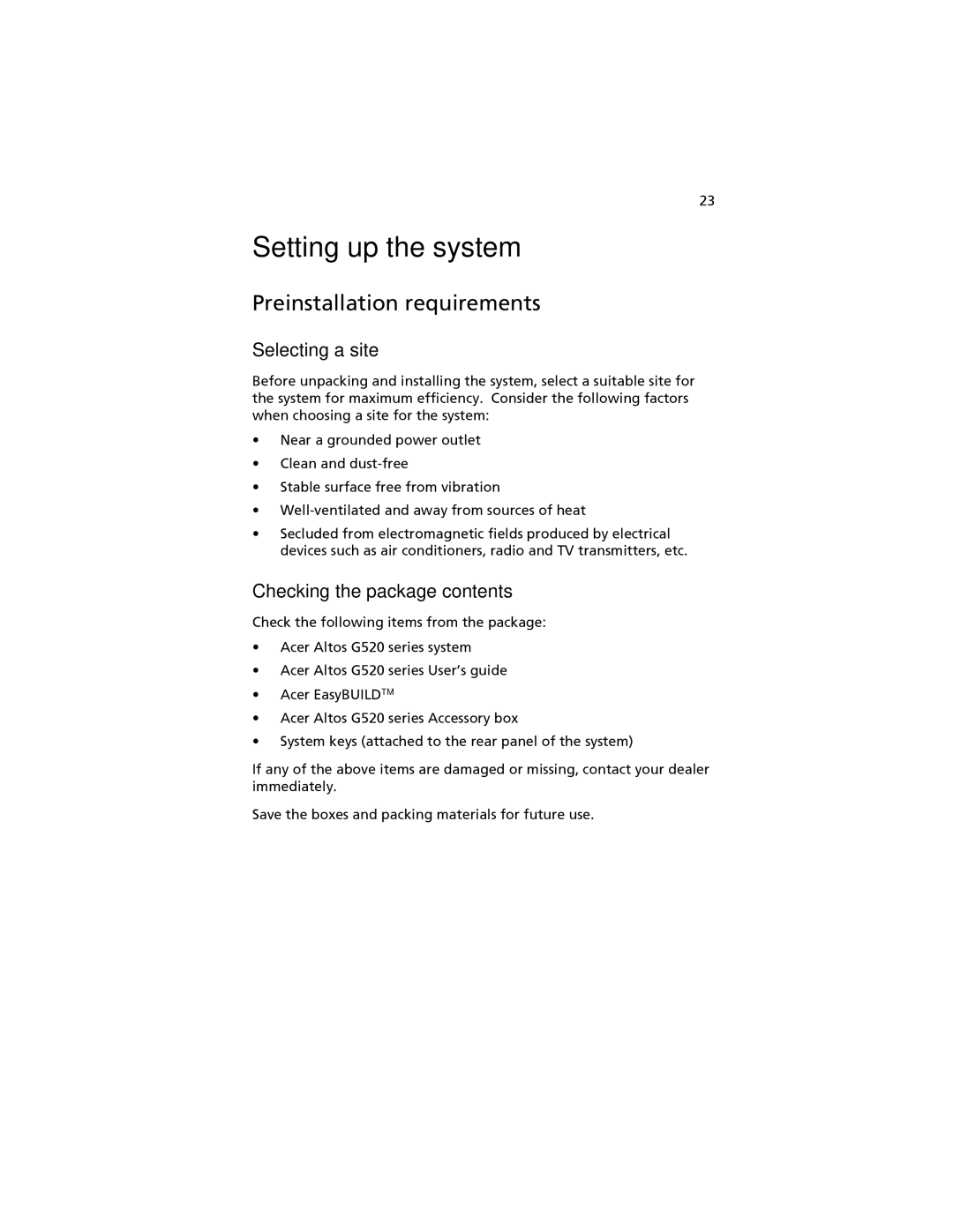 Acer G520 series Setting up the system, Preinstallation requirements, Selecting a site, Checking the package contents 