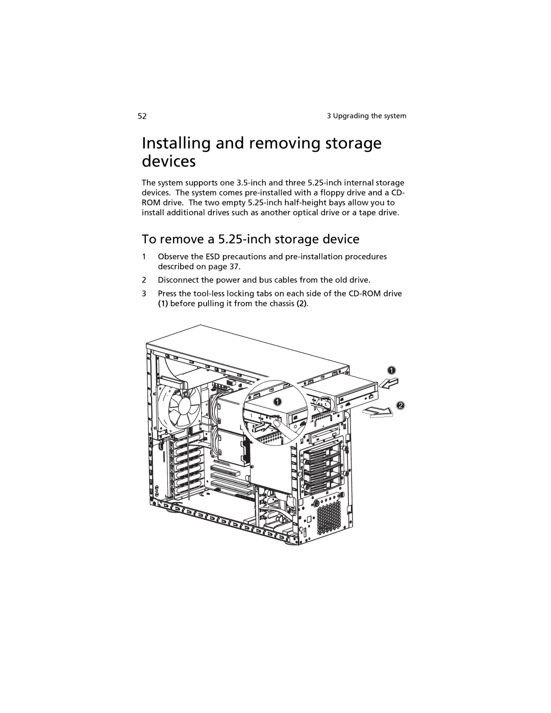 Acer G520 series manual Installing and removing storage devices, To remove a 5.25-inch storage device 