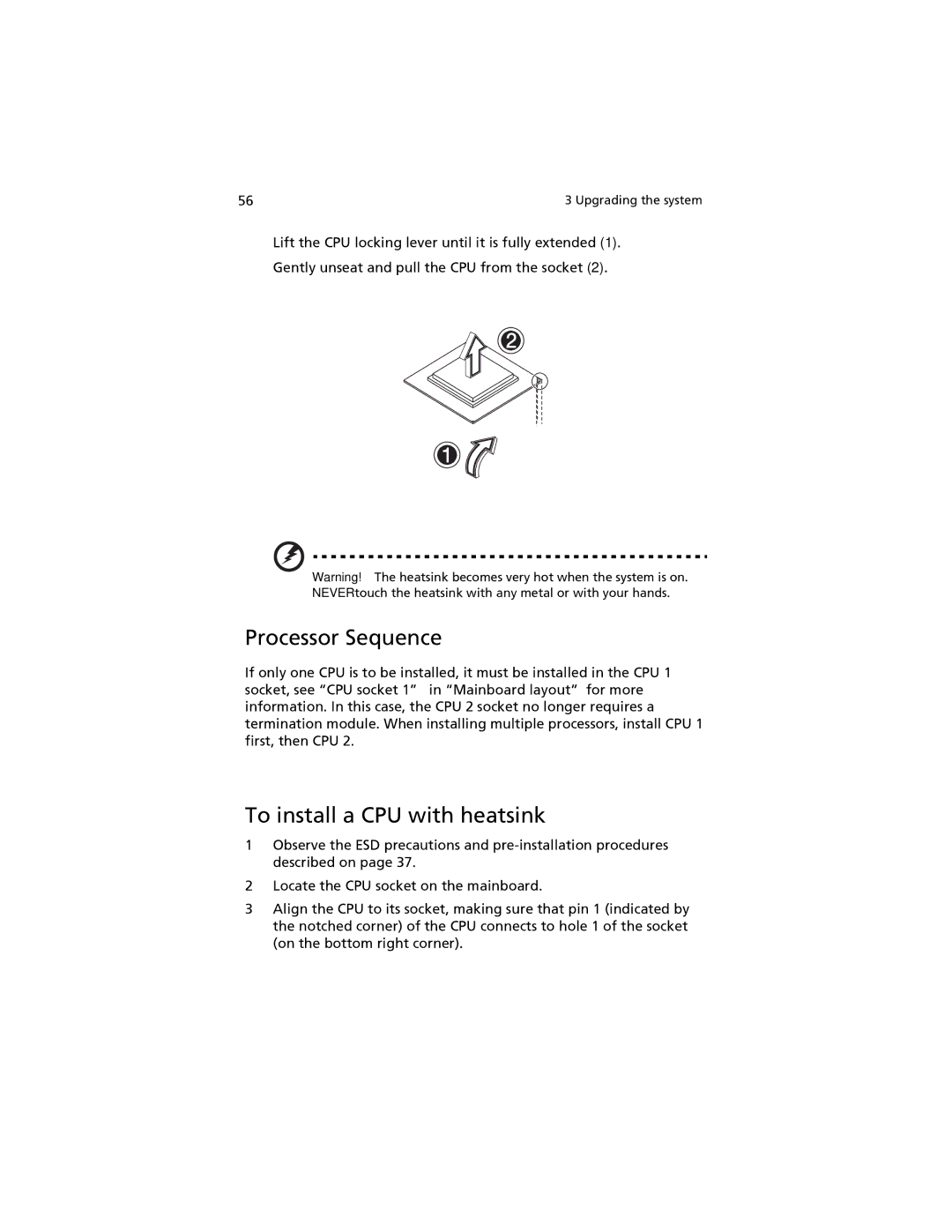 Acer G520 series manual Processor Sequence, To install a CPU with heatsink 