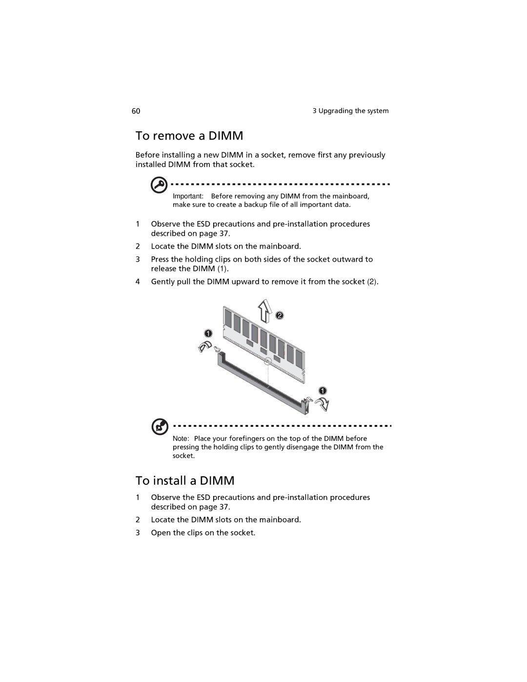 Acer G520 series manual To remove a Dimm, To install a Dimm 