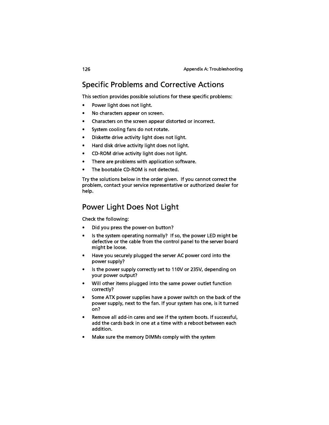 Acer G520 series manual Specific Problems and Corrective Actions, Power Light Does Not Light 