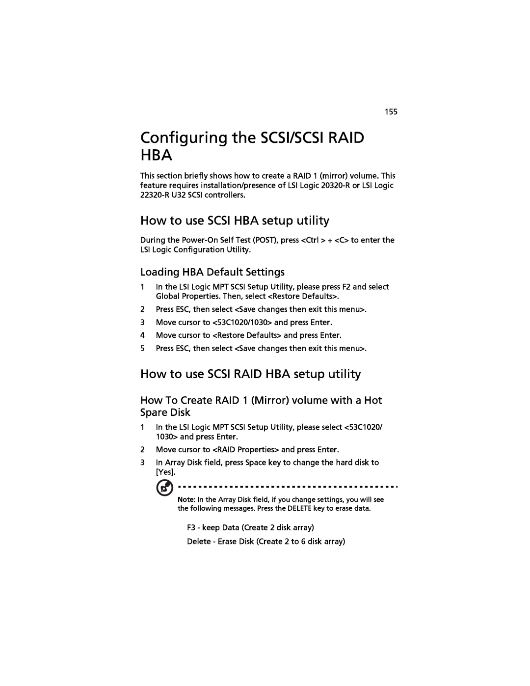Acer G520 series manual Configuring the SCSI/SCSI RAID HBA, How to use SCSI HBA setup utility, Loading HBA Default Settings 