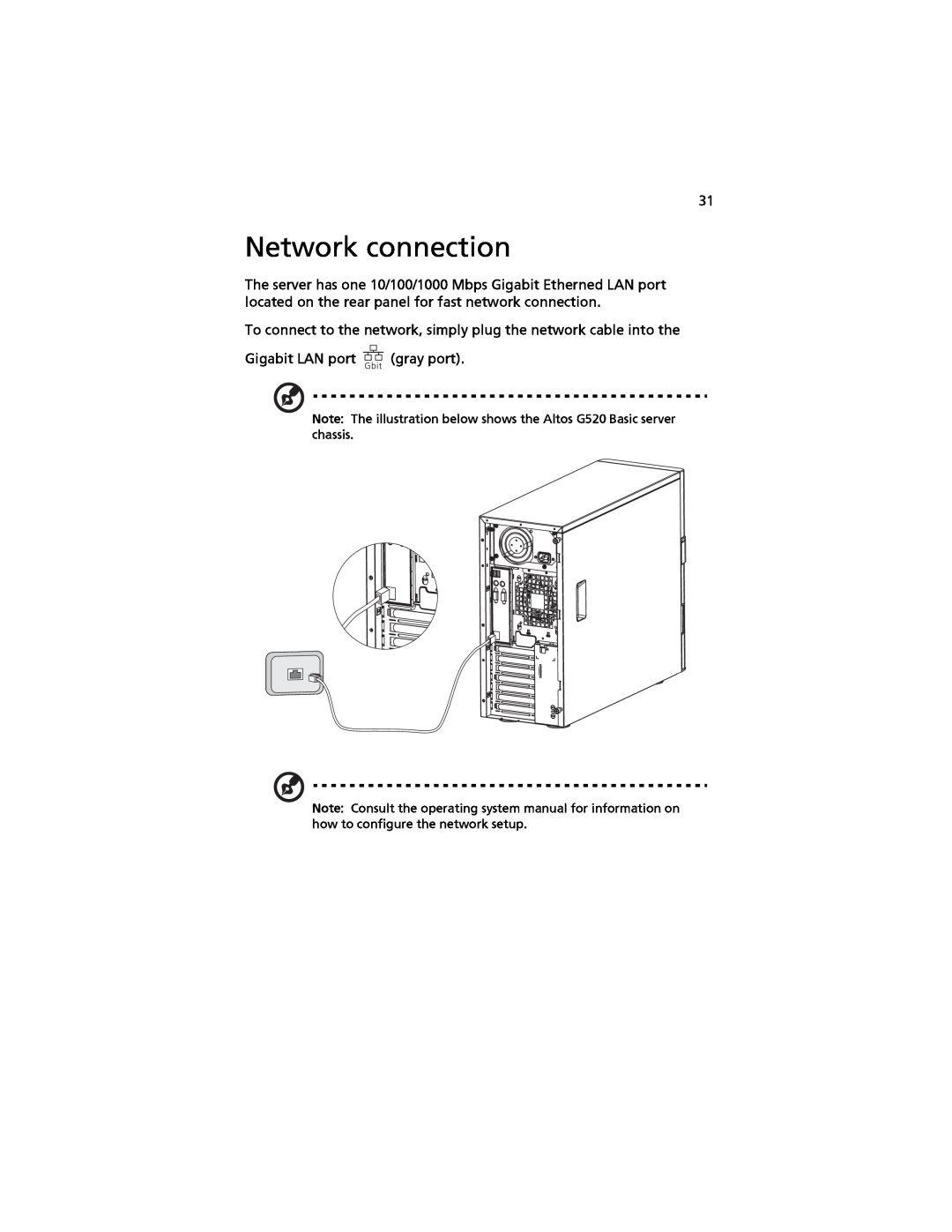 Acer G520 series manual Network connection, To connect to the network, simply plug the network cable into the 
