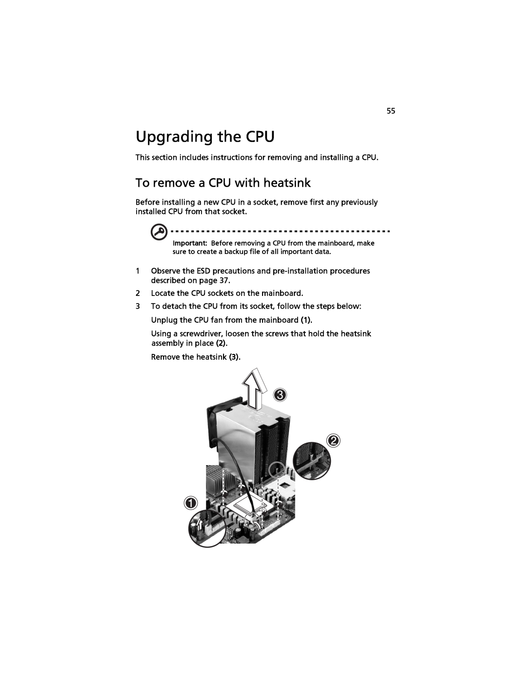 Acer G520 series manual Upgrading the CPU, To remove a CPU with heatsink 