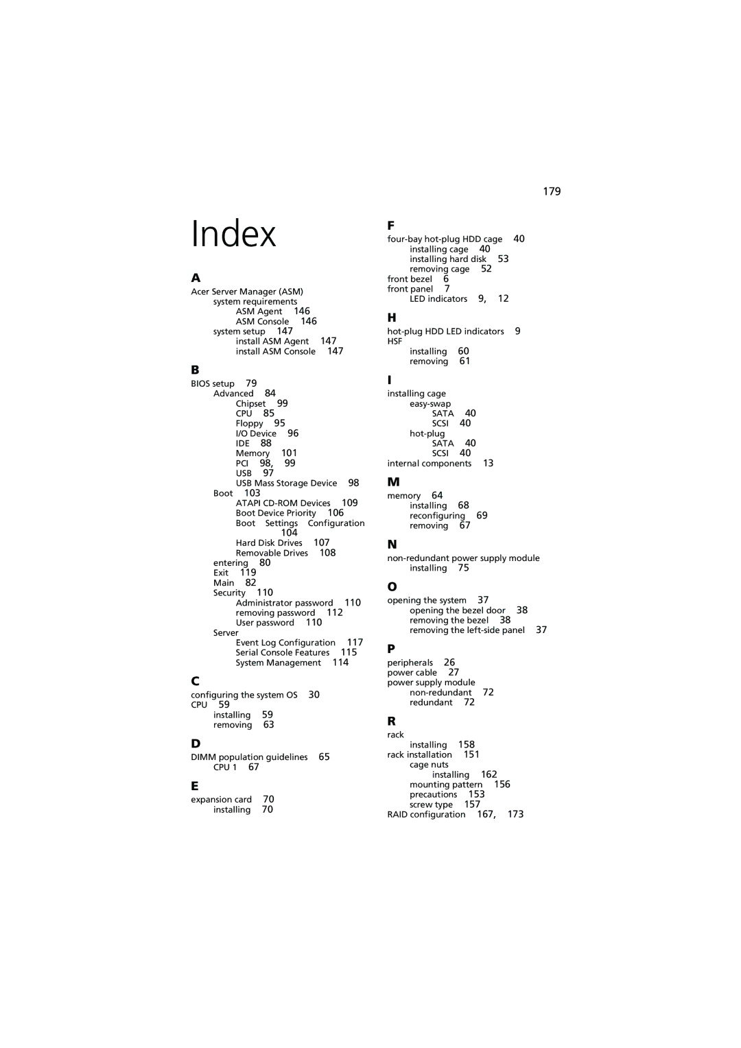 Acer G530 Series manual Index, 179 