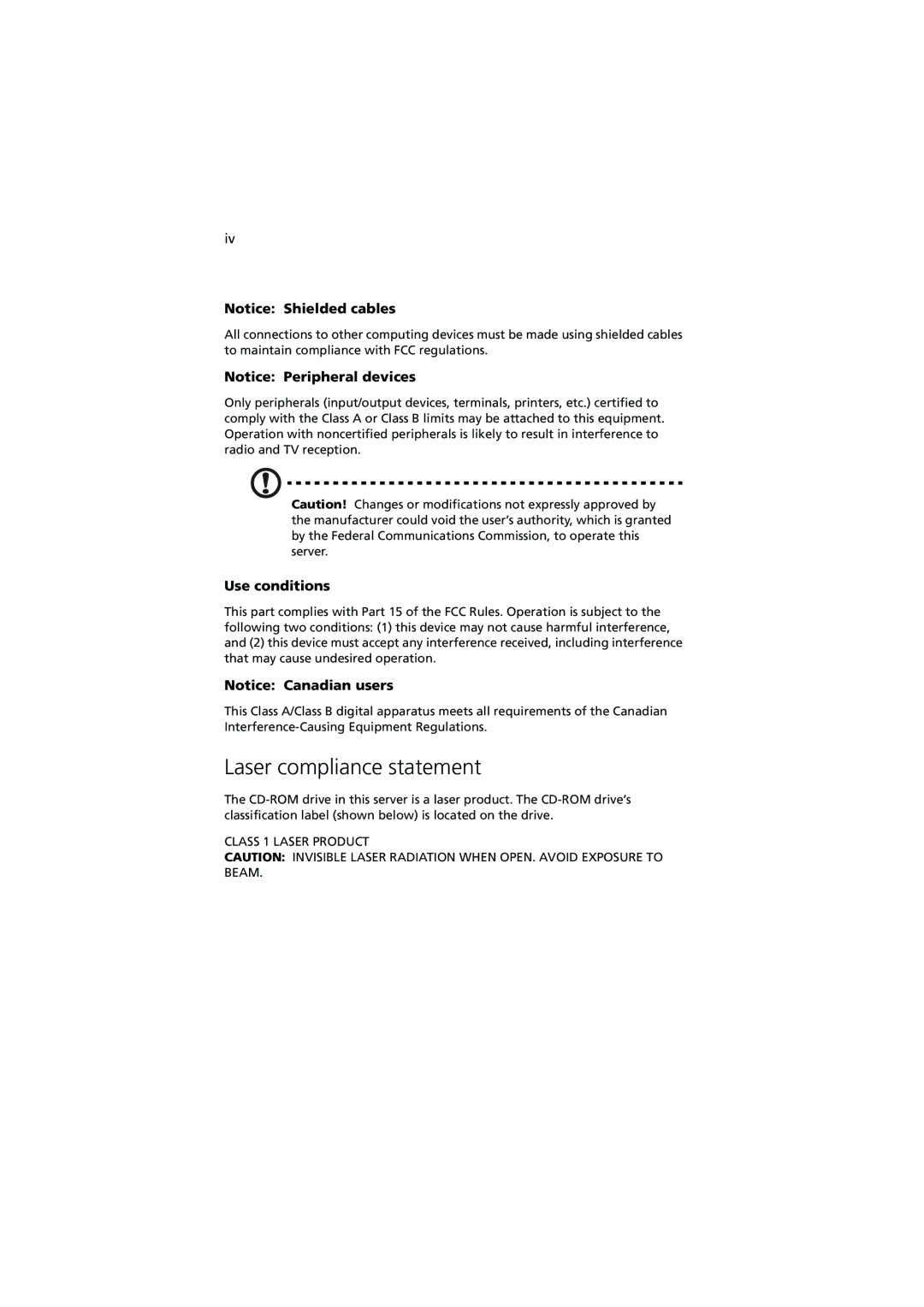 Acer G530 Series manual Laser compliance statement, Use conditions 