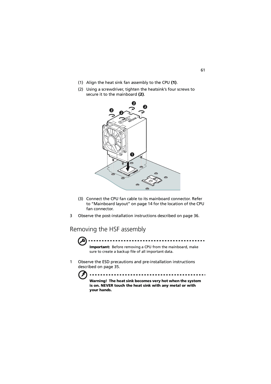 Acer G530 Series manual Removing the HSF assembly 