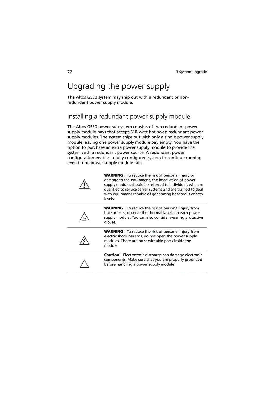 Acer G530 Series manual Upgrading the power supply, Installing a redundant power supply module 