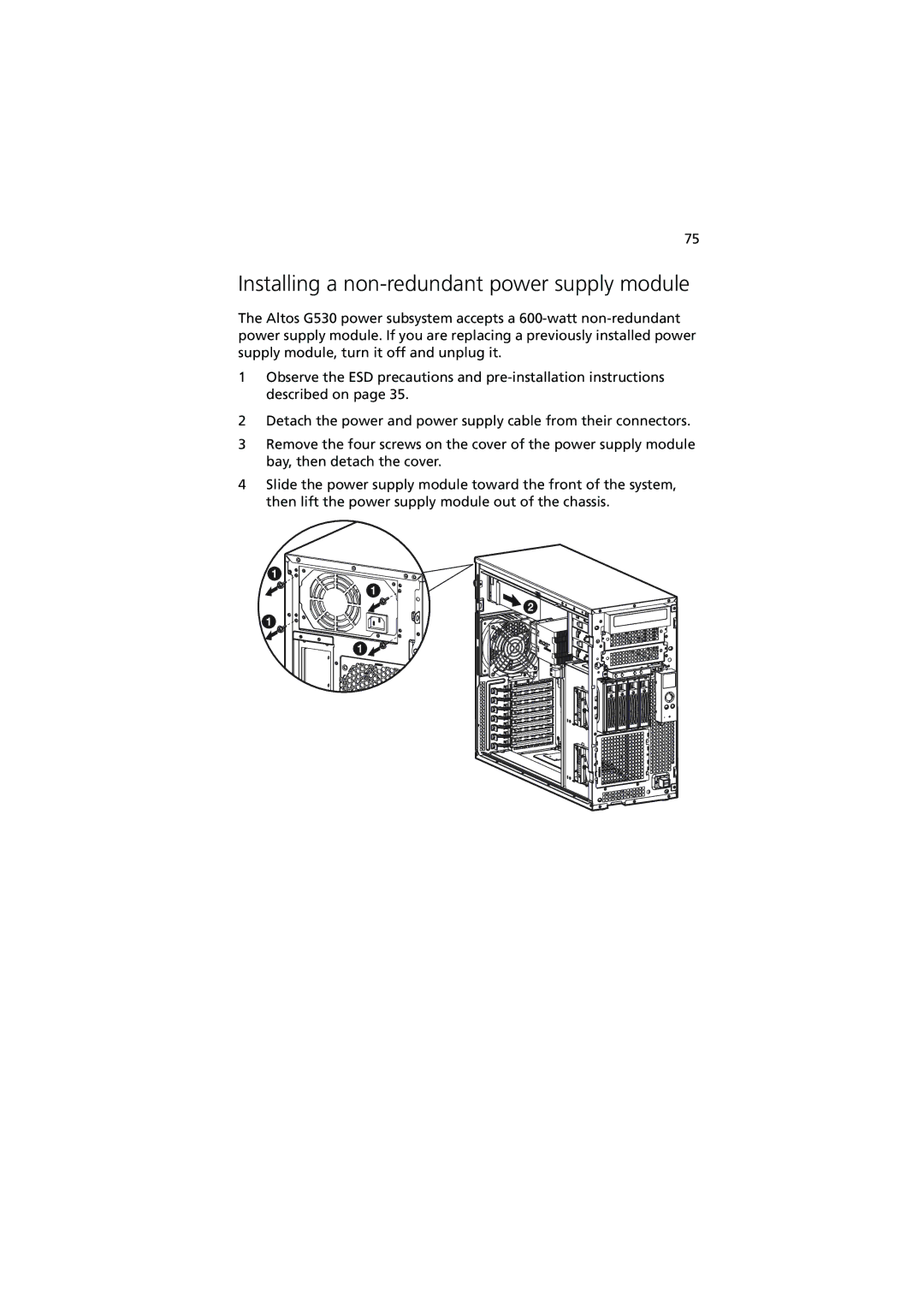 Acer G530 Series manual Installing a non-redundant power supply module 