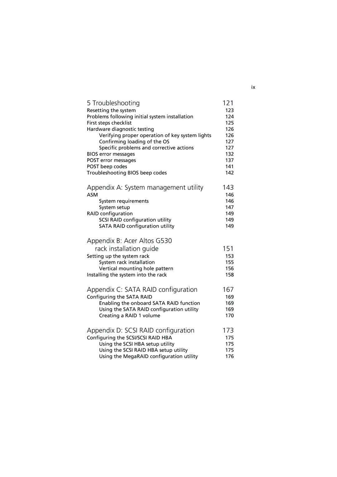 Acer G530 Series Troubleshooting 121, Appendix a System management utility 143, Appendix C Sata RAID configuration 167 