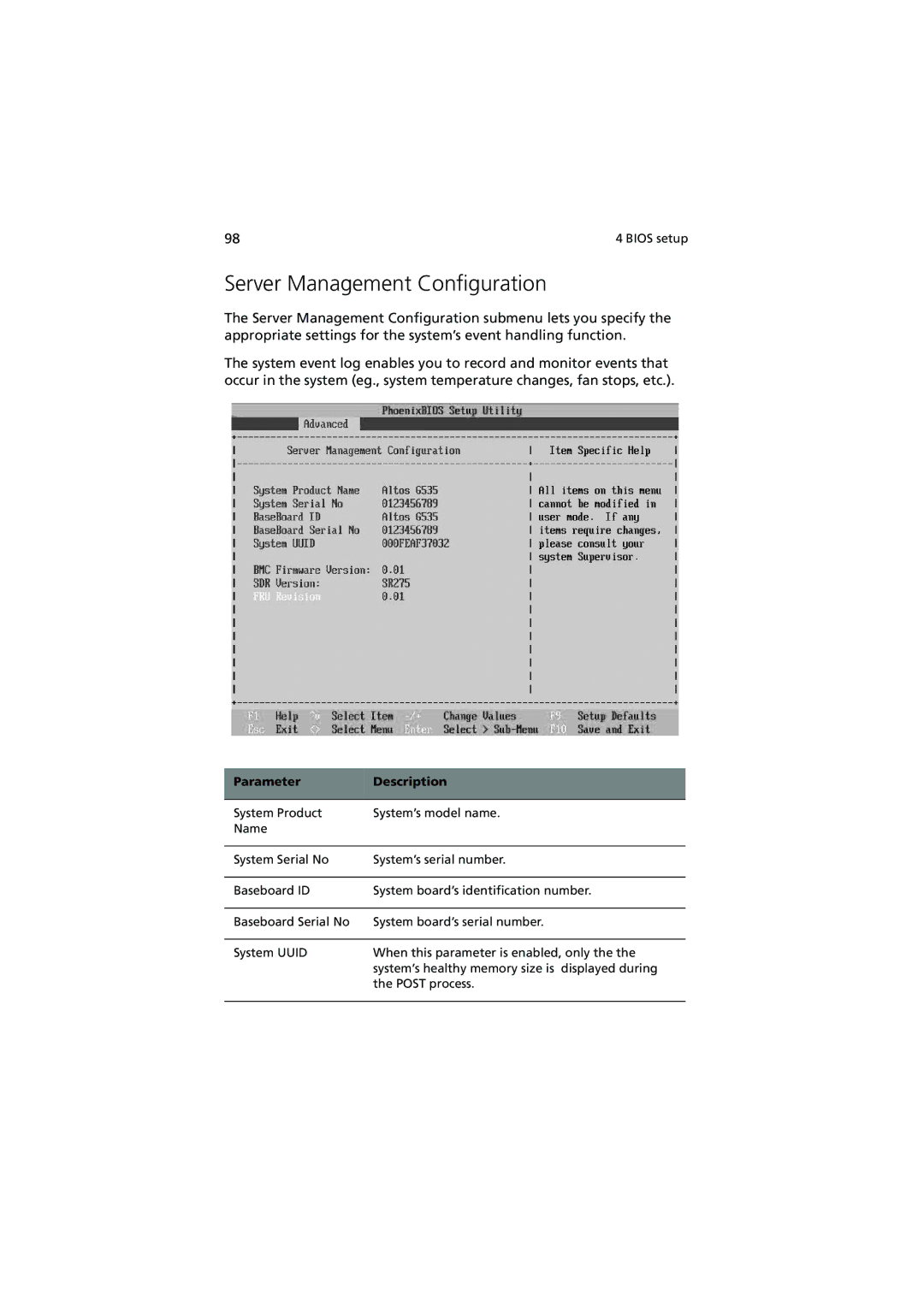 Acer G5350 Series manual Server Management Configuration, Parameter Description 