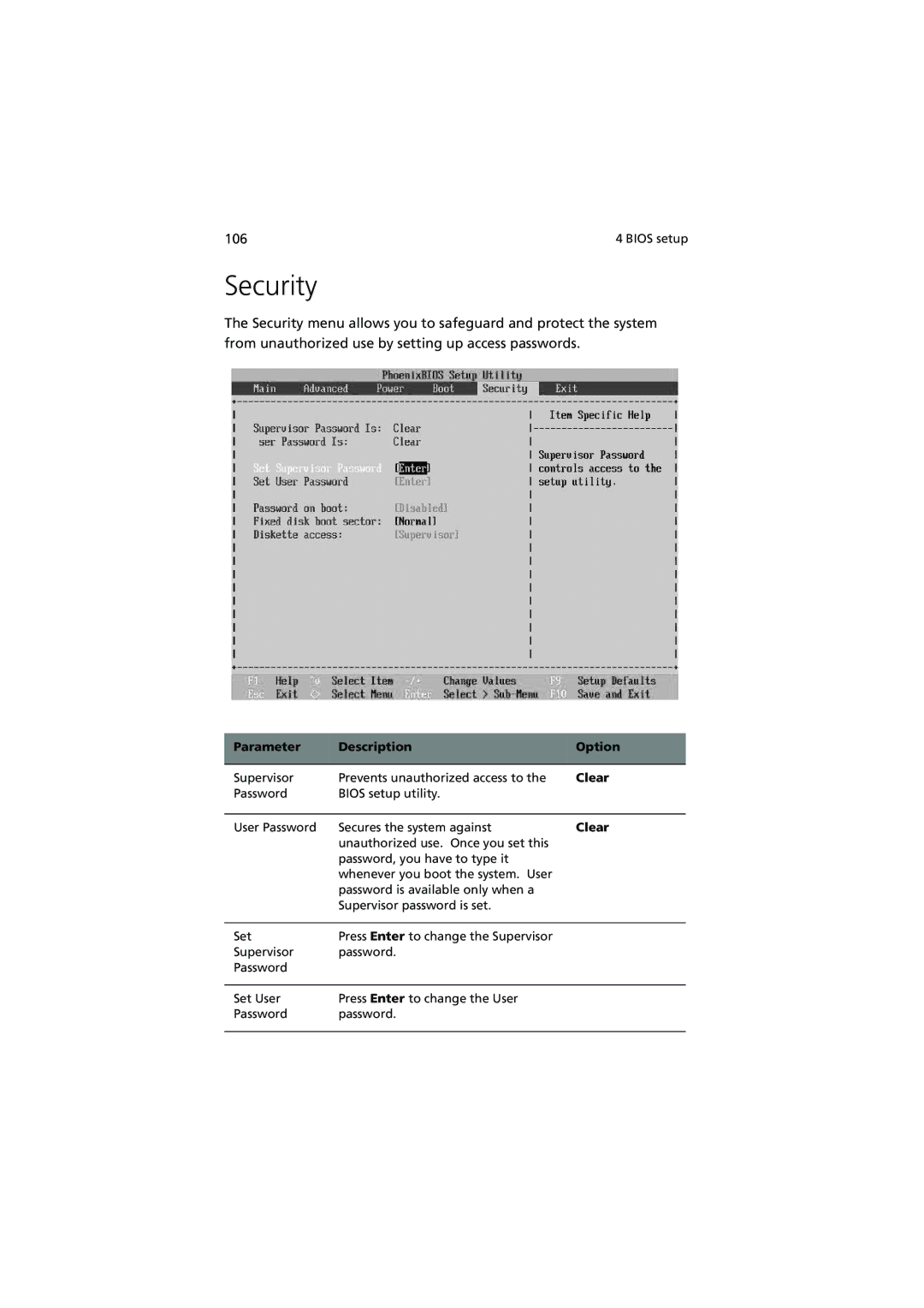 Acer G5350 Series manual Security, Clear 