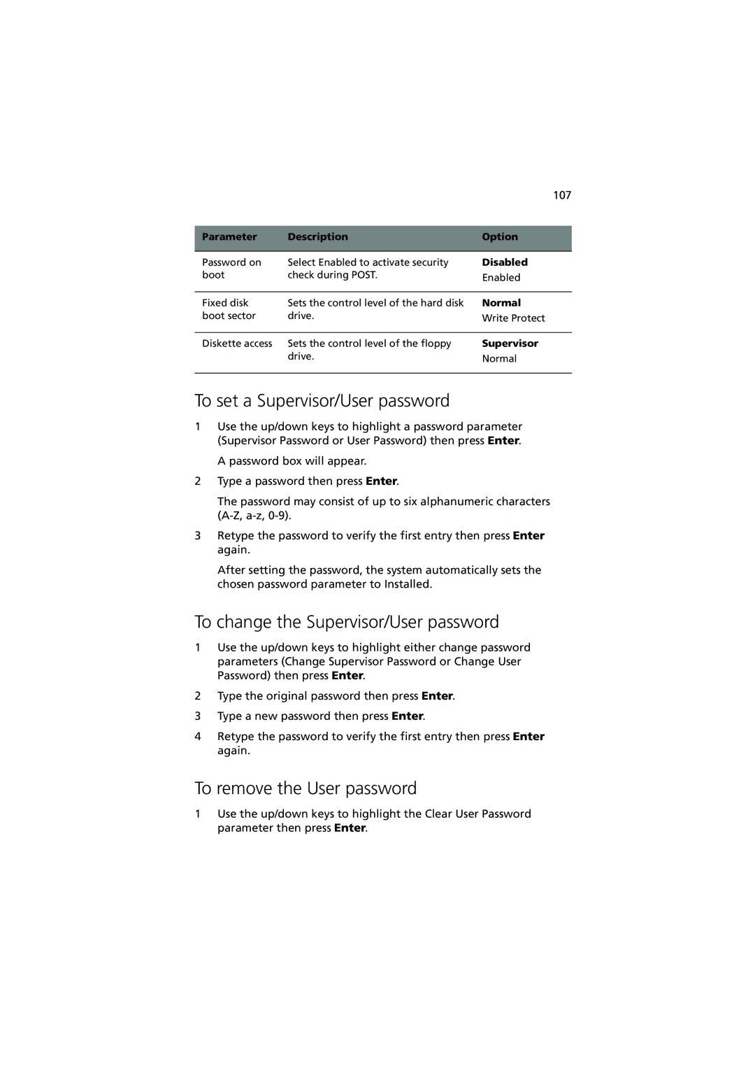 Acer G5350 Series To set a Supervisor/User password, To change the Supervisor/User password, To remove the User password 