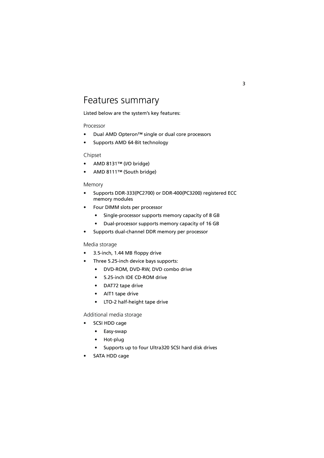 Acer G5350 Series manual Features summary, Memory 