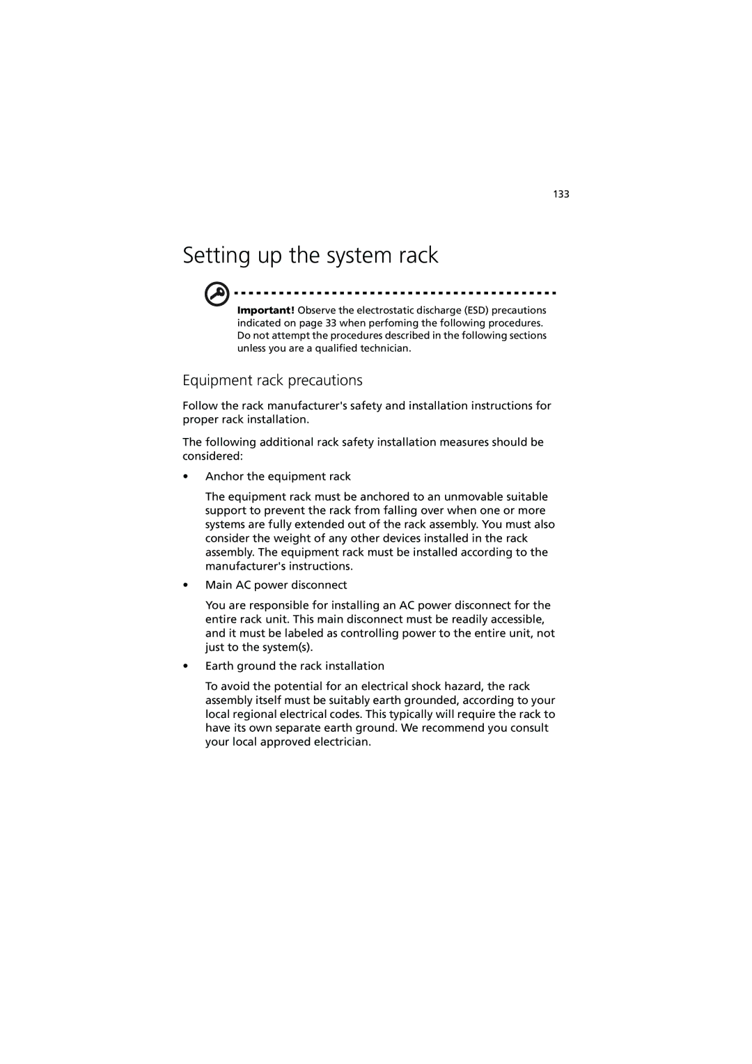 Acer G5350 Series manual Setting up the system rack, Equipment rack precautions 