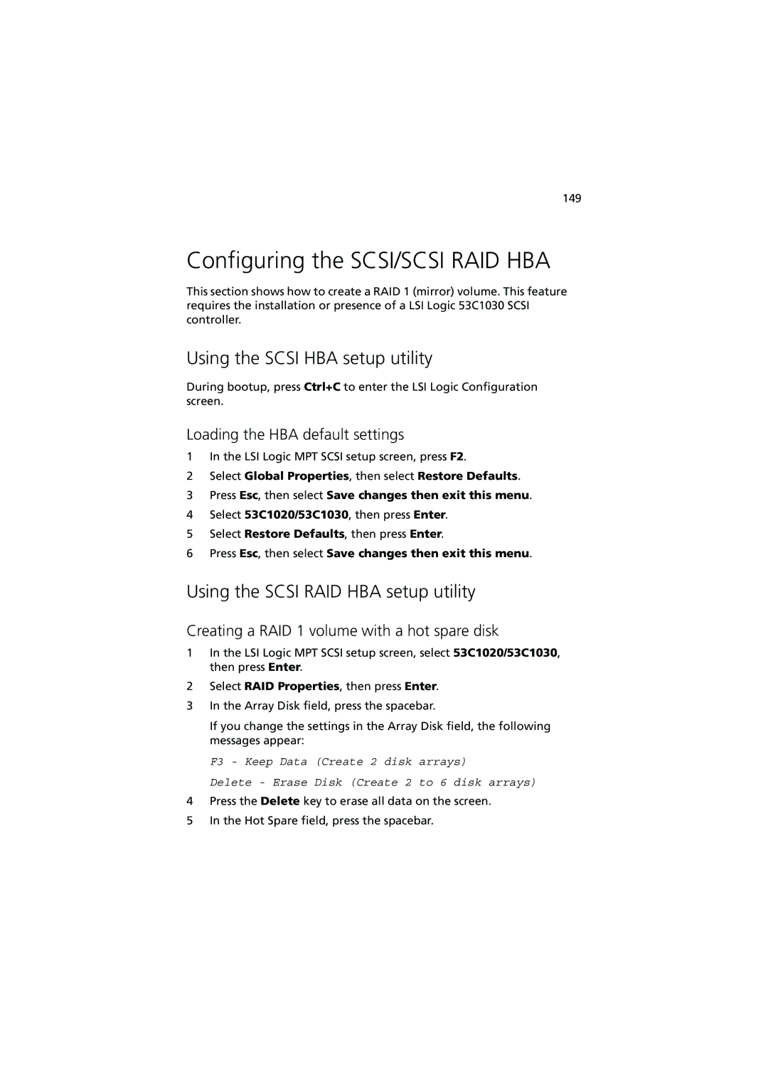 Acer G5350 Series Configuring the SCSI/SCSI RAID HBA, Using the Scsi HBA setup utility, Loading the HBA default settings 