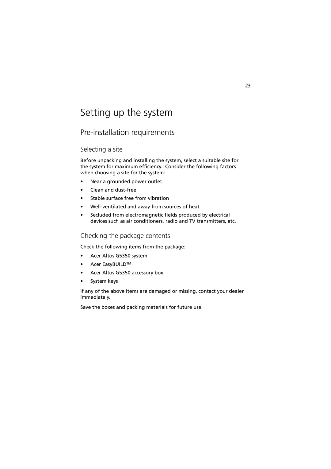 Acer G5350 Series Setting up the system, Pre-installation requirements, Selecting a site, Checking the package contents 