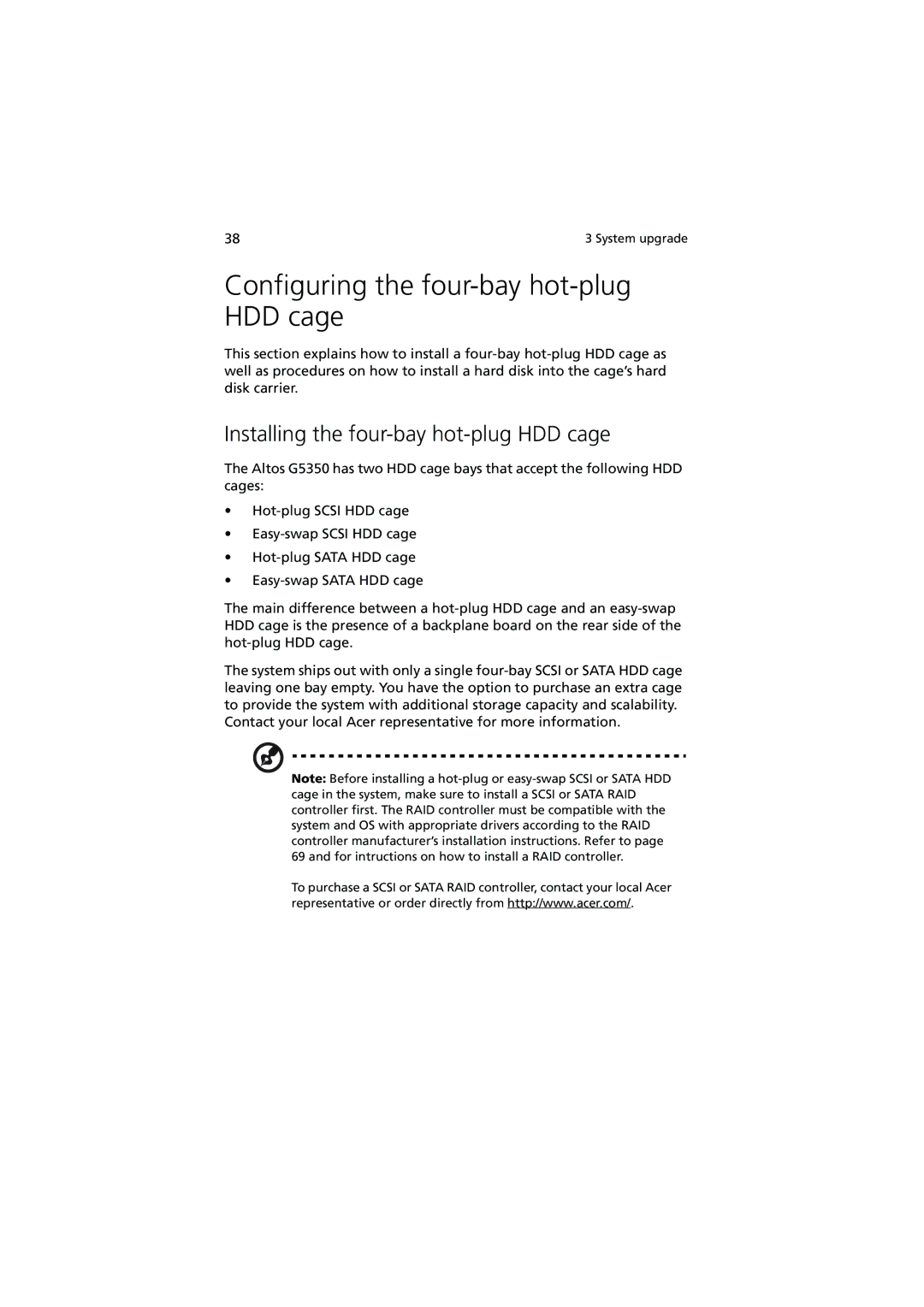 Acer G5350 Series manual Configuring the four-bay hot-plug HDD cage, Installing the four-bay hot-plug HDD cage 