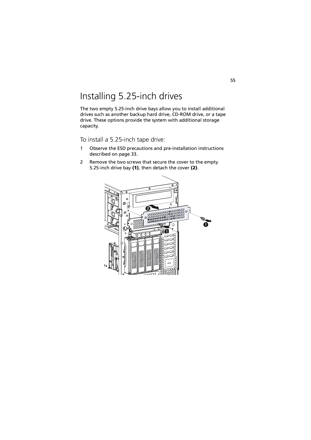 Acer G5350 Series manual Installing 5.25-inch drives, To install a 5.25-inch tape drive 