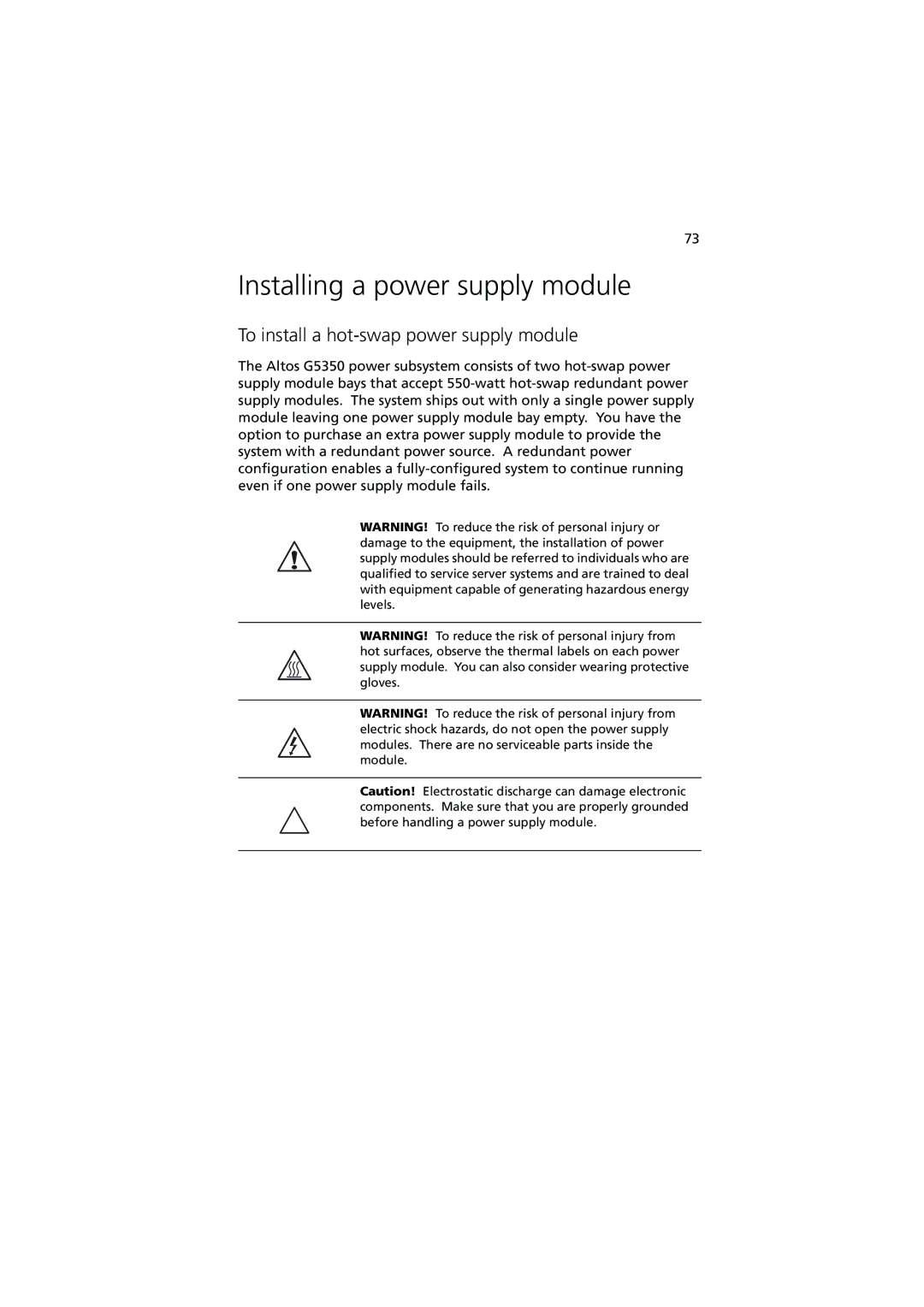 Acer G5350 Series manual Installing a power supply module, To install a hot-swap power supply module 