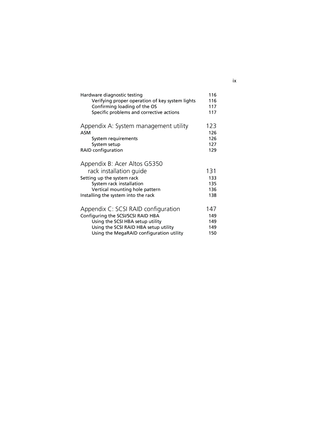 Acer G5350 Series manual Appendix a System management utility 123, Appendix B Acer Altos G5350 Rack installation guide 131 