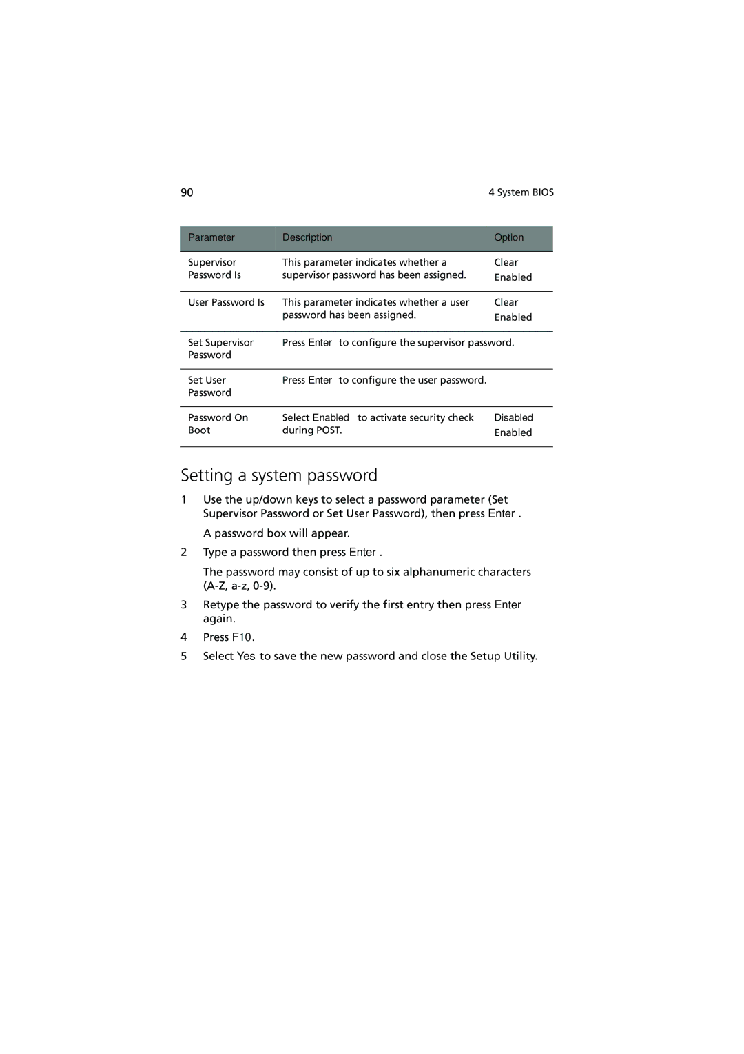 Acer G540 Series manual Setting a system password, Disabled 