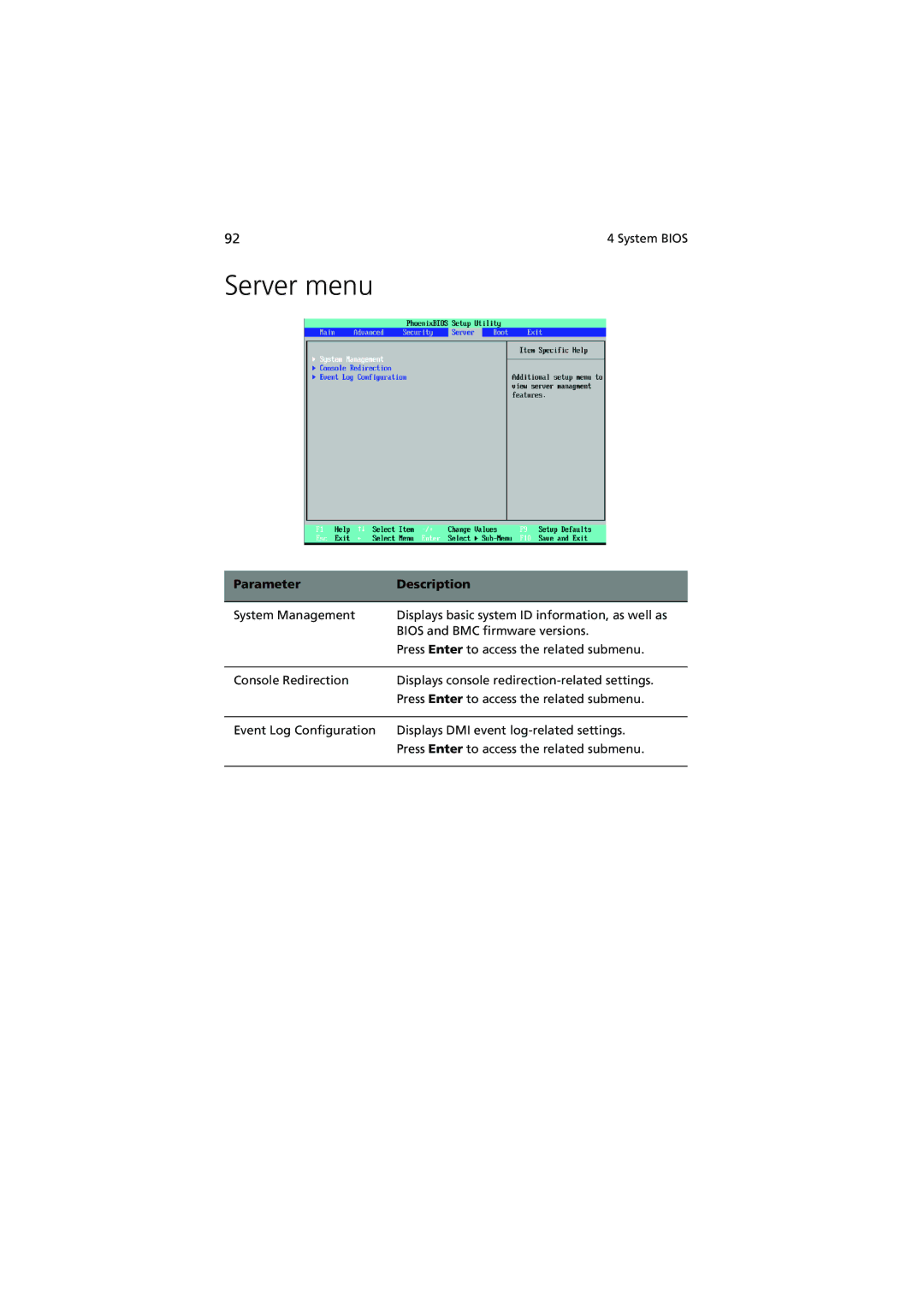 Acer G540 Series manual Server menu, Parameter Description 