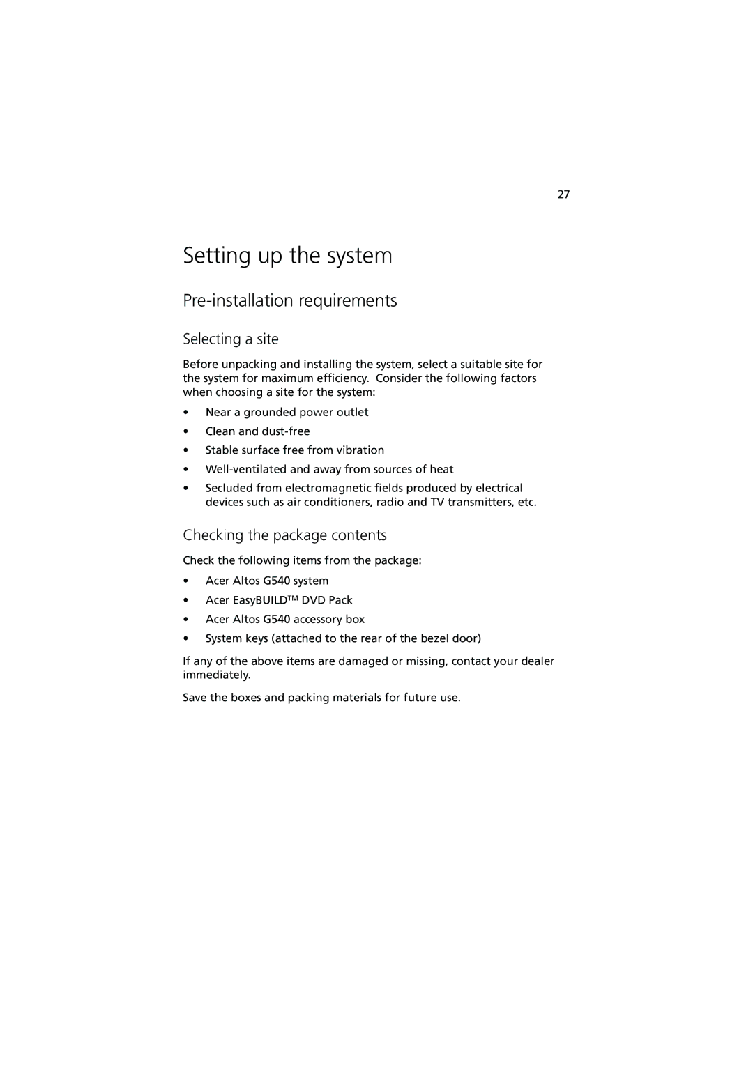 Acer G540 Series Setting up the system, Pre-installation requirements, Selecting a site, Checking the package contents 