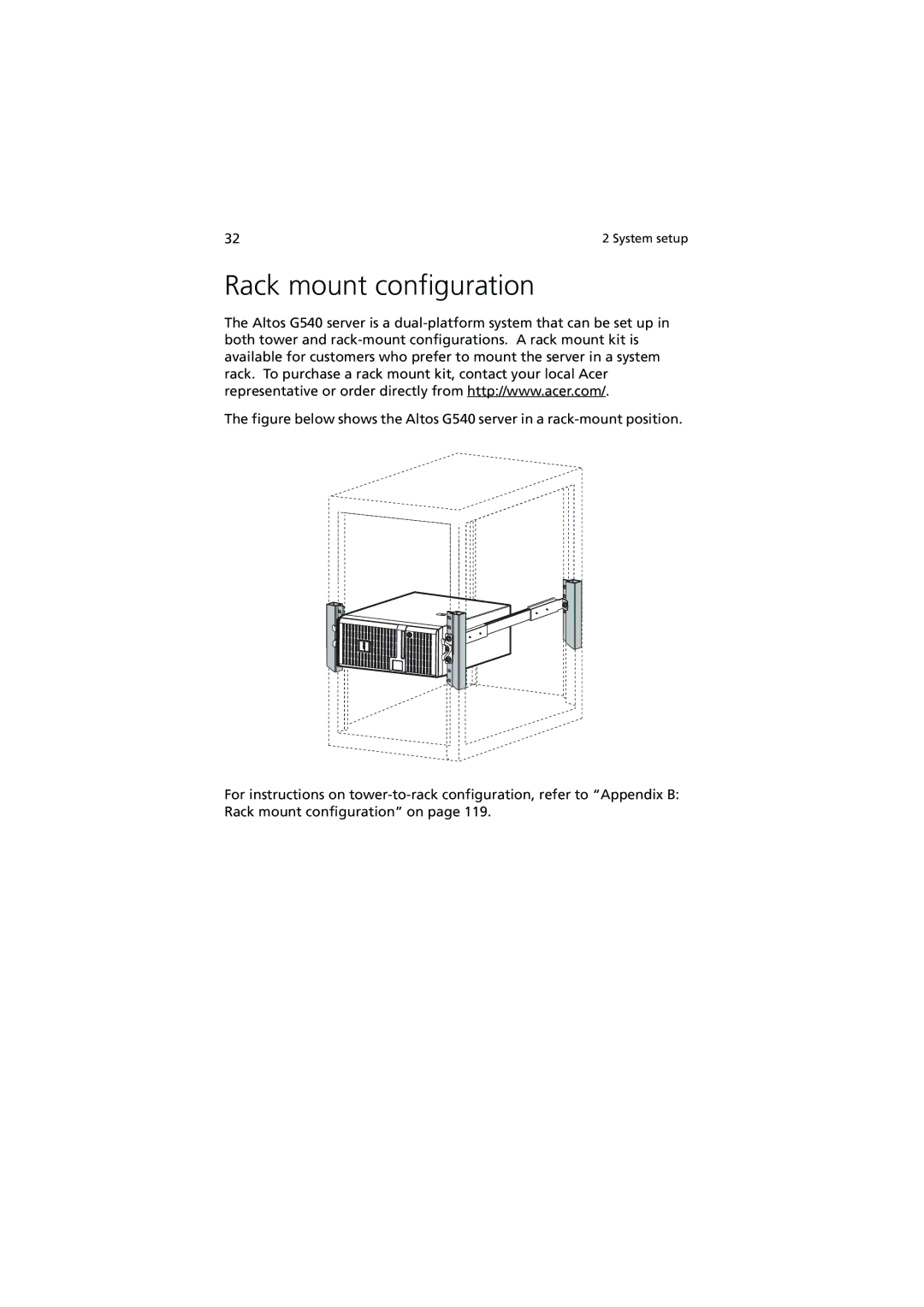 Acer G540 Series manual Rack mount configuration 