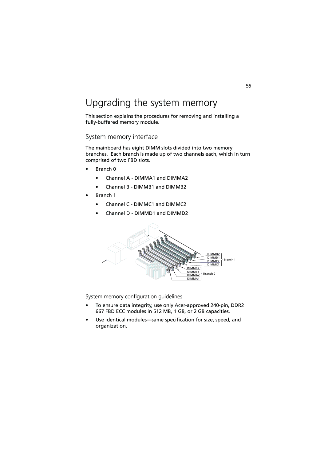 Acer G540 Series manual Upgrading the system memory, System memory interface, System memory configuration guidelines 