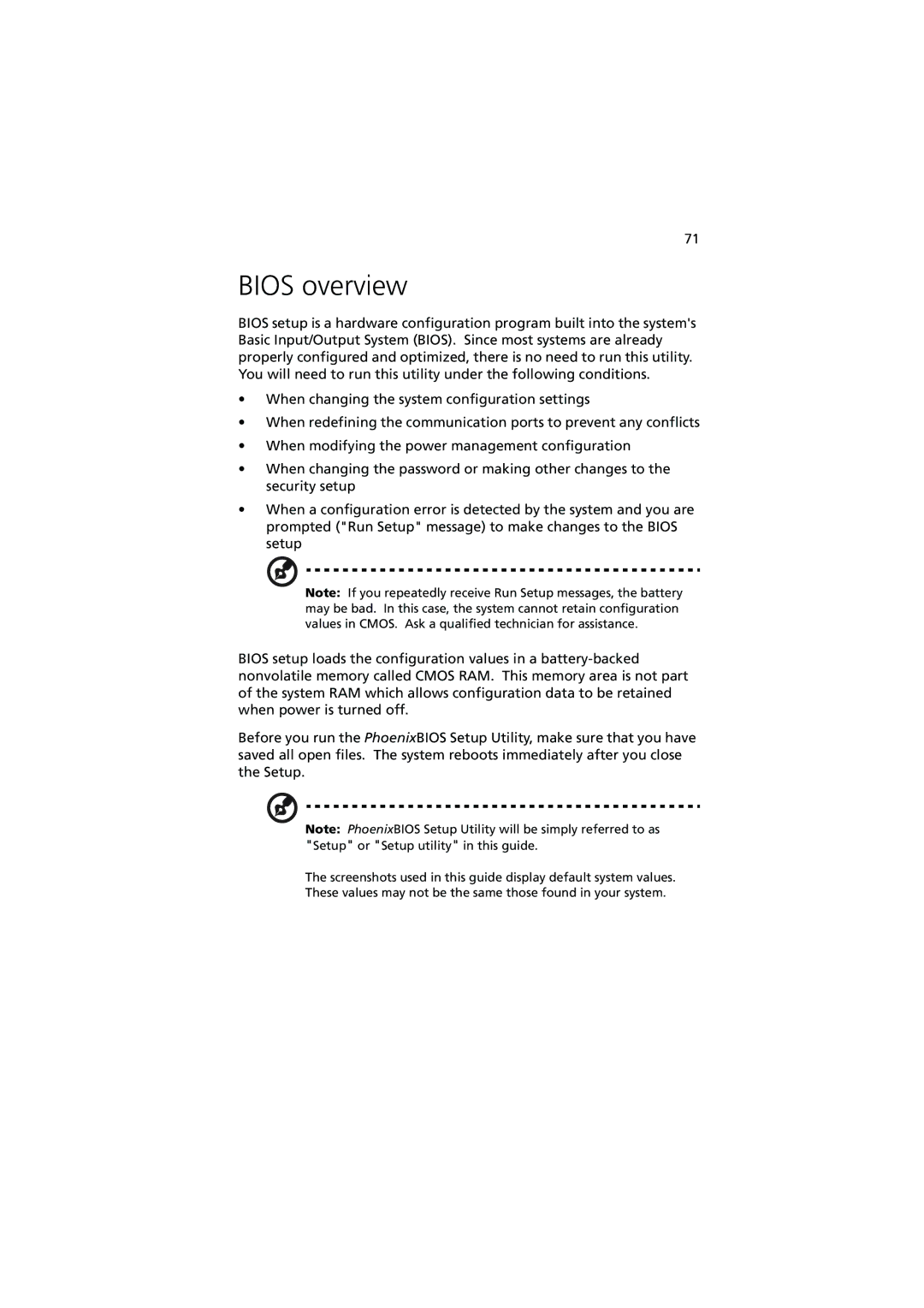 Acer G540 Series manual Bios overview 