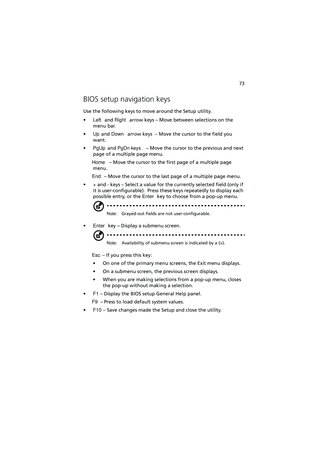 Acer G540 Series manual Bios setup navigation keys 