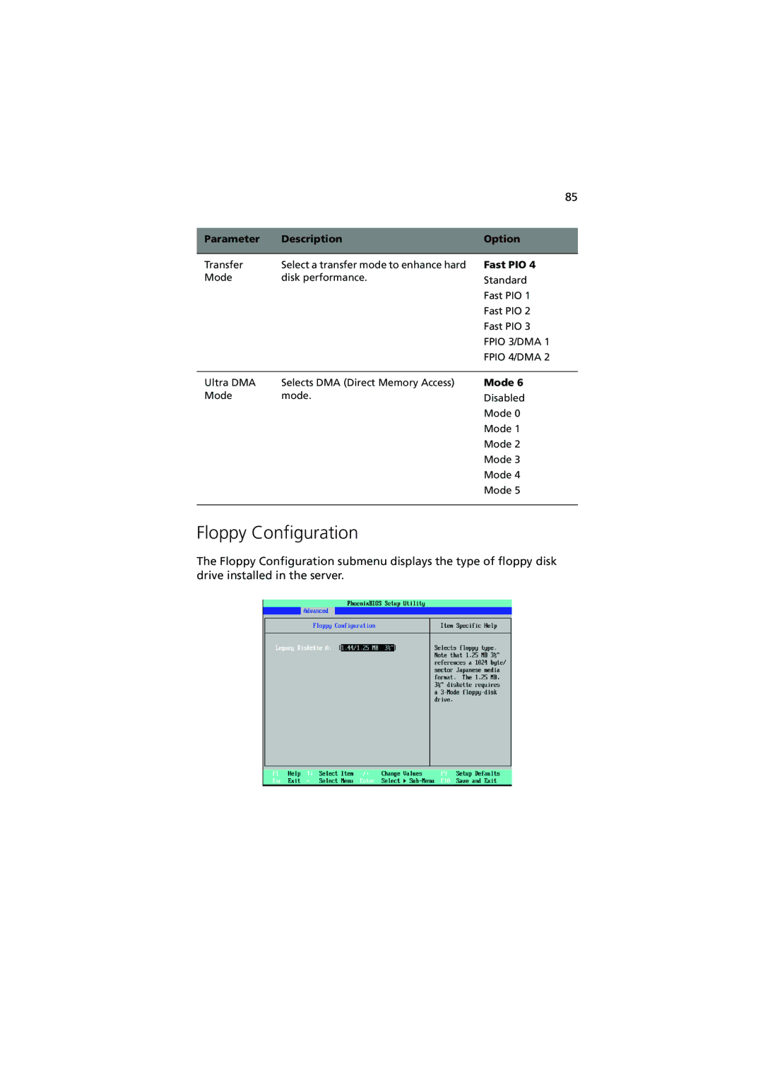 Acer G540 Series manual Floppy Configuration, Fast PIO, Mode 