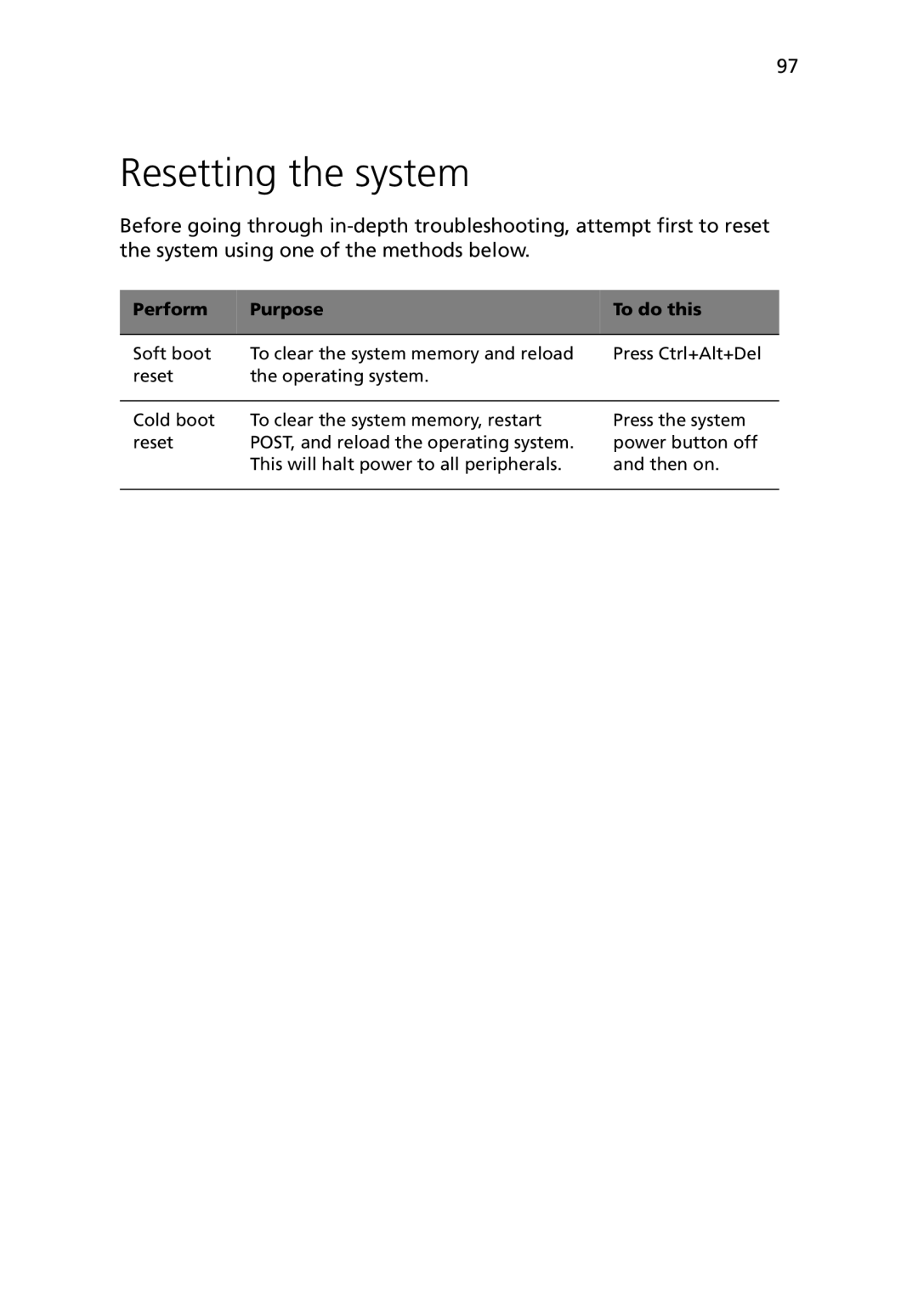 Acer G5450 Series manual Resetting the system, Perform Purpose To do this 