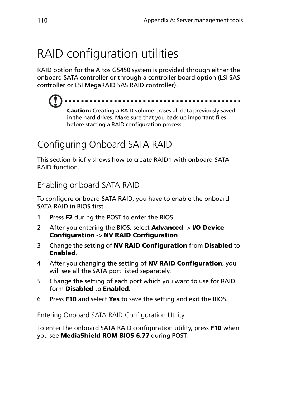 Acer G5450 Series manual RAID configuration utilities, Configuring Onboard Sata RAID, Enabling onboard Sata RAID 