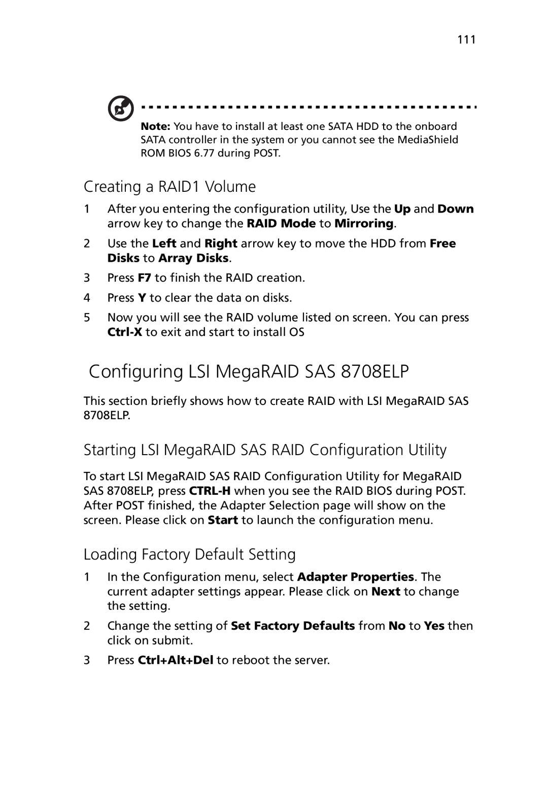 Acer G5450 Series manual Configuring LSI MegaRAID SAS 8708ELP, Creating a RAID1 Volume, Loading Factory Default Setting 