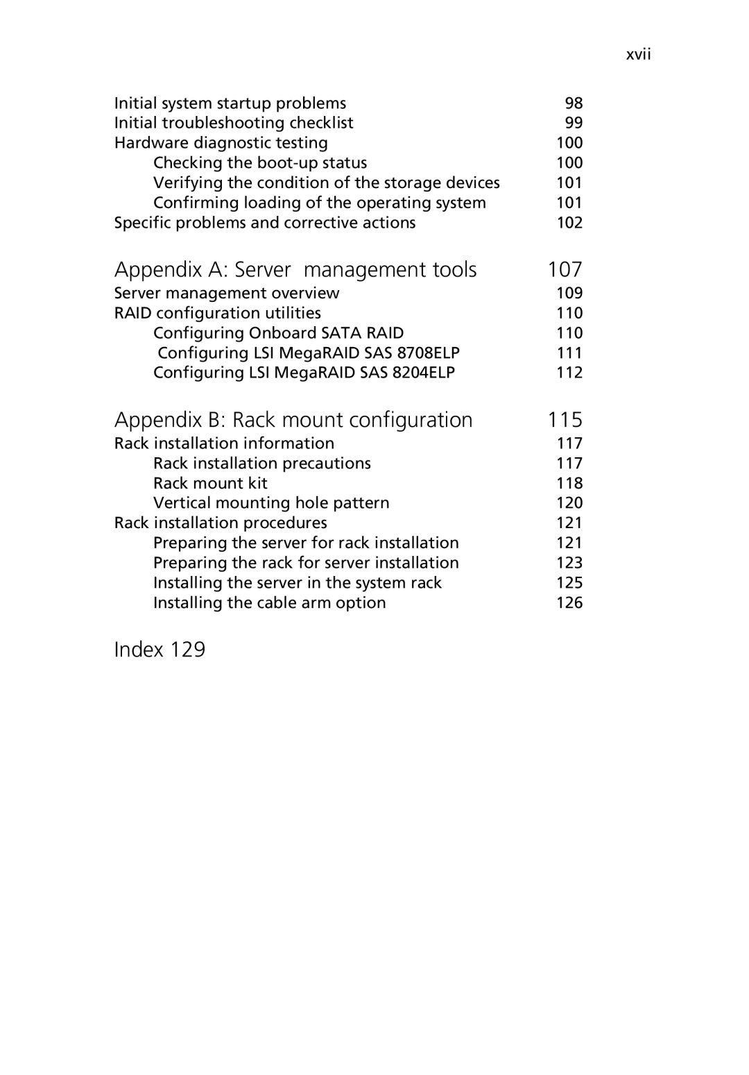 Acer G5450 Series manual Appendix a Server management tools 107, Appendix B Rack mount configuration 115, Index 