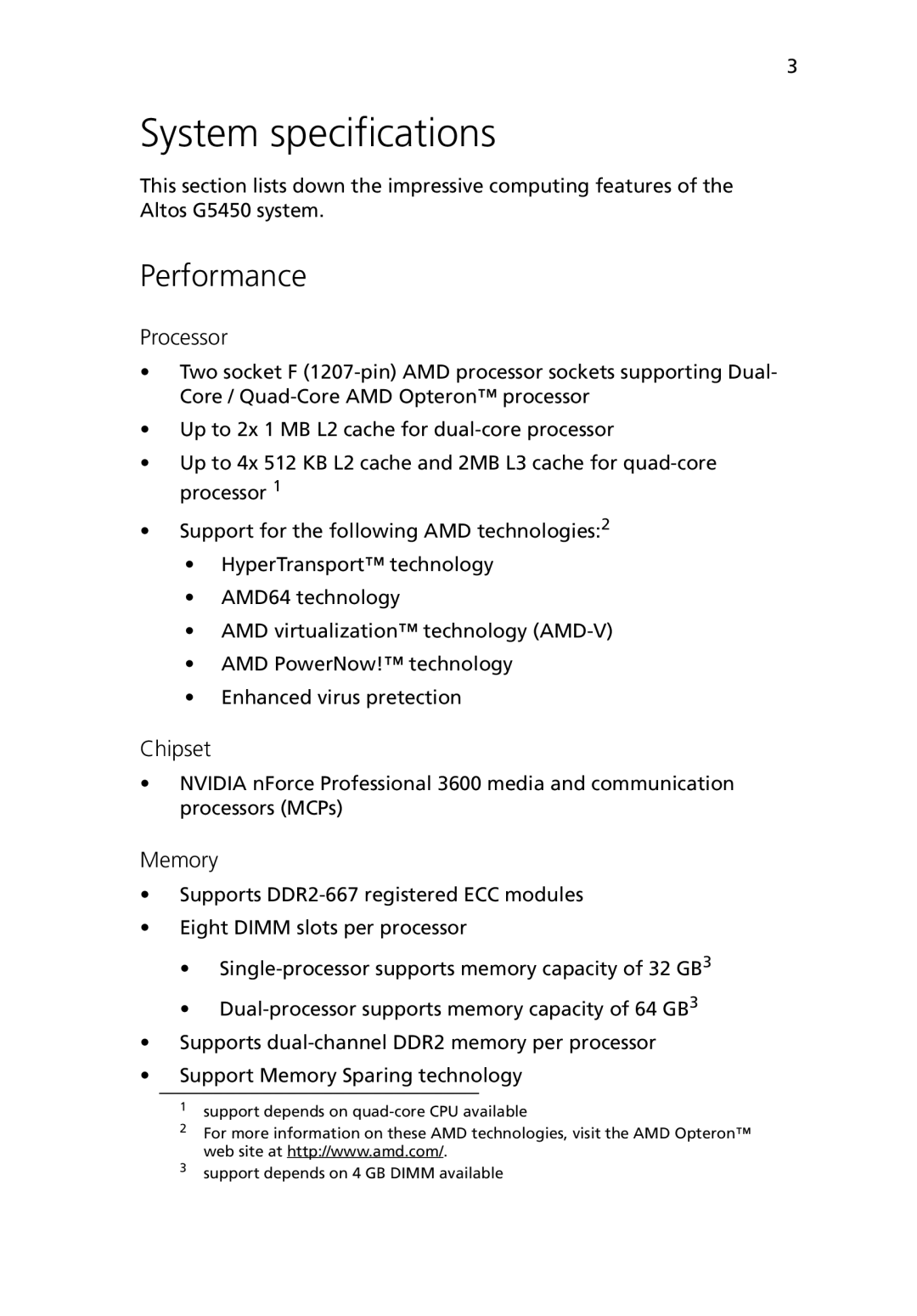 Acer G5450 Series manual System specifications, Performance, Processor, Chipset, Memory 